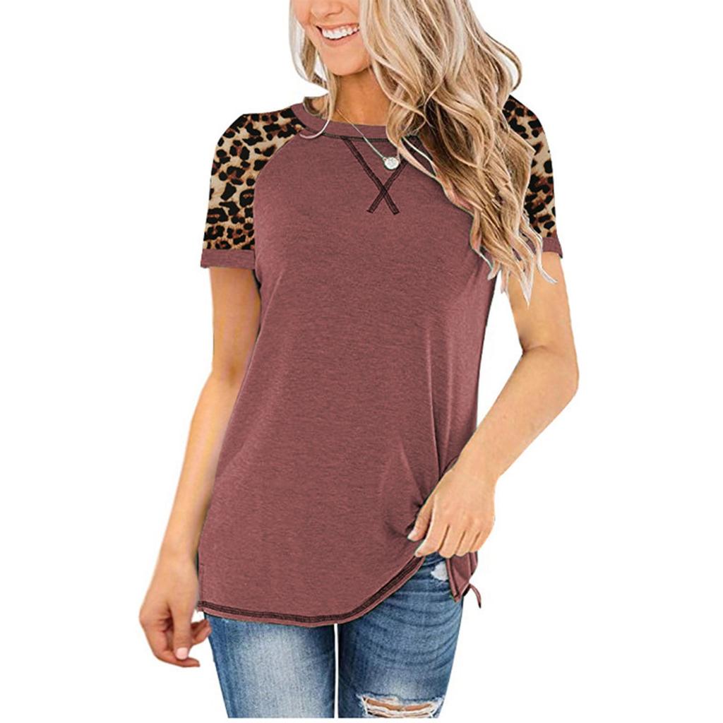 Fashion Womens Leopard Splicing Round Neck Casual Long Sleeve Tops