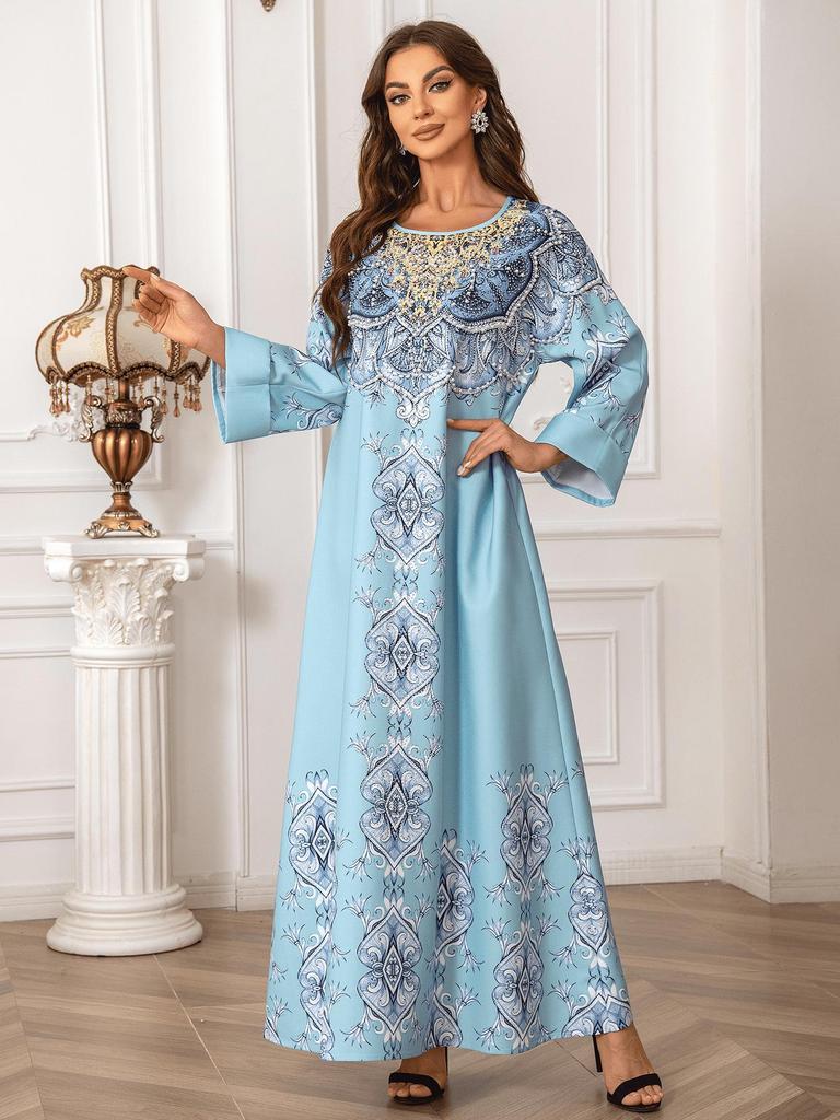ZD024 Elegant Beaded Muslim Print Abaya Dress with Round Neck