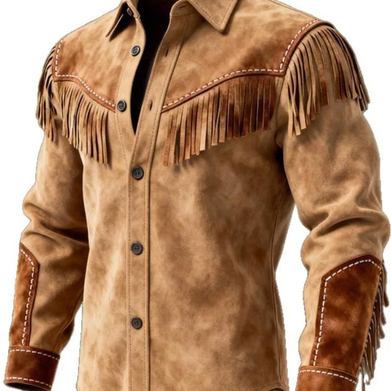 Autumn Winter Men's Fur Fringed Jacket Coat Vintage Ethnic Trendy Button Open Lining Casual Jacket Streetwear Men's Coat