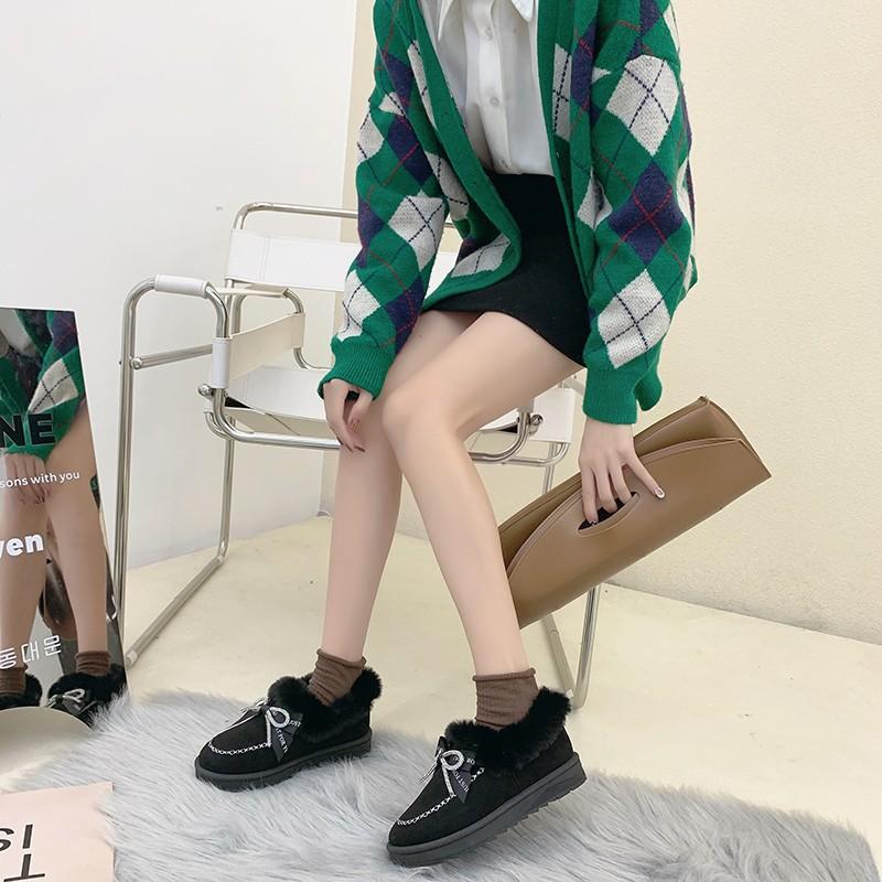 Damen Baumwollschuhe Herbst Winter Schleife Runde Zehenpartie Warm Flache Sohle Große Damenschuhe Plüschschuhe