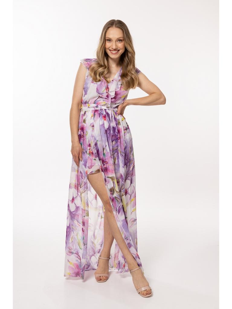 V-neck chiffon maxi dress with purple floral pattern S