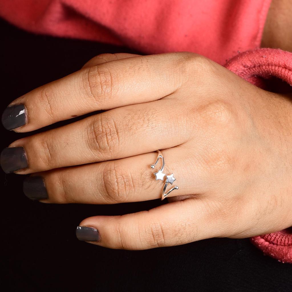 Double Star Adjustable Ring in 925 Sterling Silver | Minimal Celestial Open Ring | Star Symbol Silver Jewelry | Gift for Her