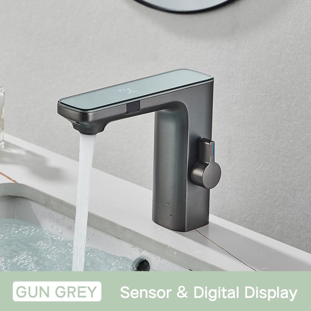 Touchless Sensor Basin Faucet Smart Digital Display Bathroom Sink Faucets Grey Brass Sense Hot Cold Water Mixer Tap Crane