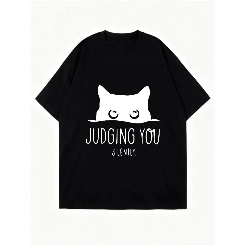 White Oversized T Shirt With Cat Judging You Silently Print For Casual Wear And Everyday Style