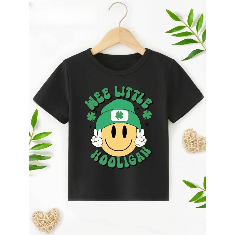 European Sizes Little Hooligan Lettering & Biere Print T-Shirt | Irish-Themed Round Neck Tee For, Spring Summer Casual Wear, Machine Washable