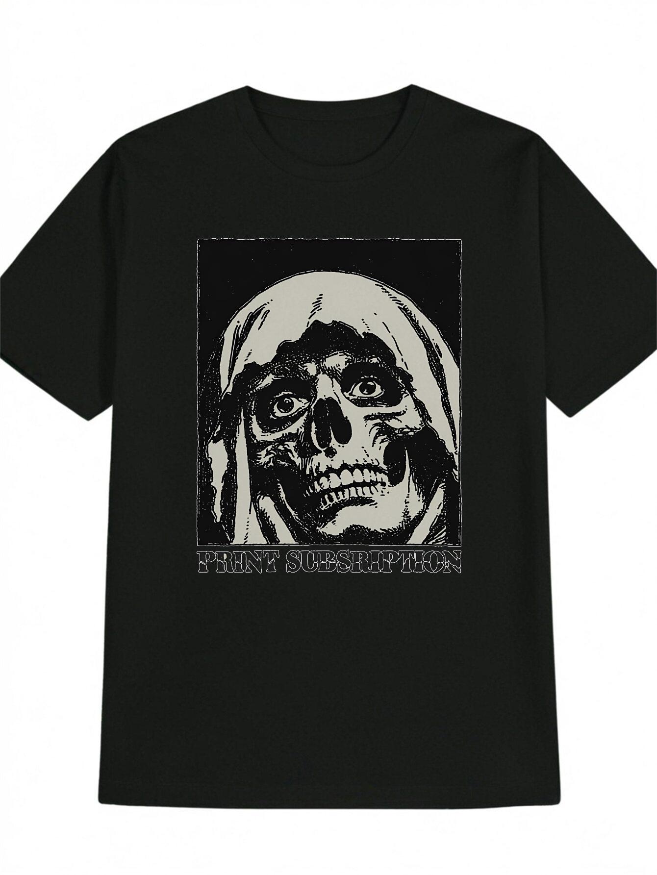 Casual Skull Hoodie Graphic T-shirt - Black with White Print M