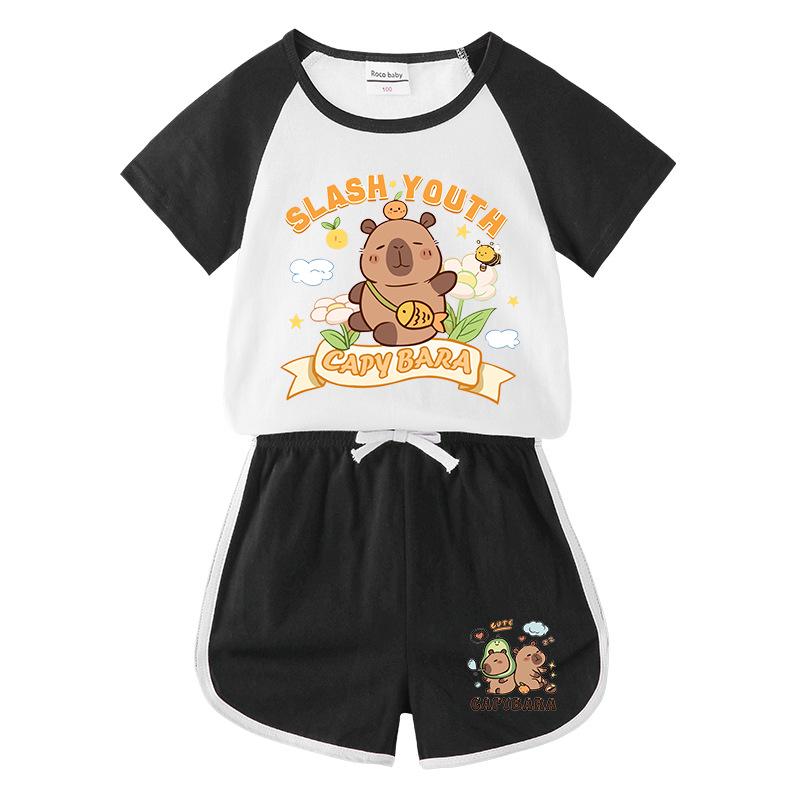 Kids' Summer Color Block Two-Piece Set: Casual T-shirt & Shorts
