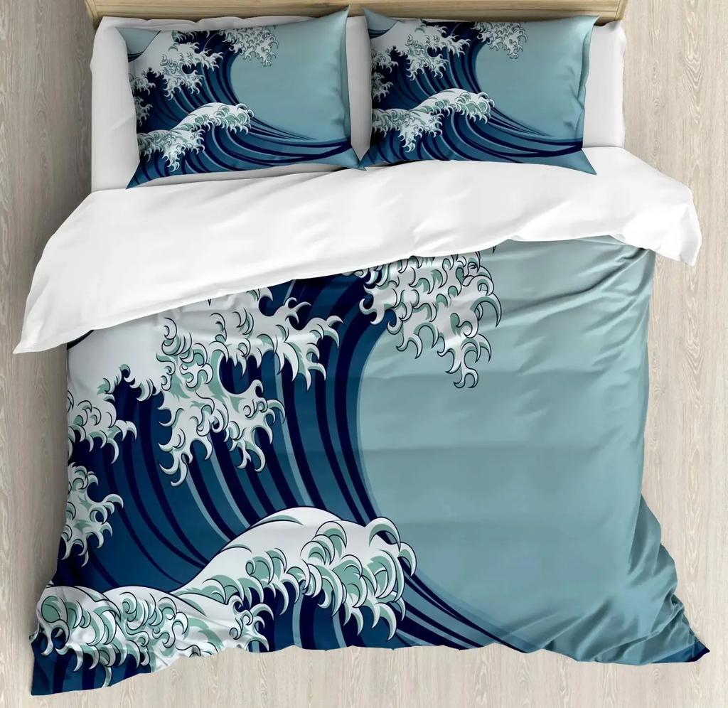 Japanese Wave Duvet Cover Set, Sea Storm In Japan Traditional Drawing Foamy Waves,Bedding Set Full Size,Earth Yellow Dark Blue