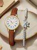Fashionable Retro Simple Small Round Dial Leather Strap Women's Quartz Watch Bracelet 2 Piece Set, Suitable for Daily, Dating