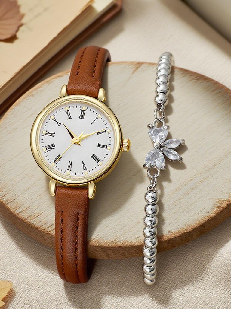 Fashionable Retro Simple Small Round Dial Leather Strap Women's Quartz Watch Bracelet 2 Piece Set, Suitable for Daily, Dating