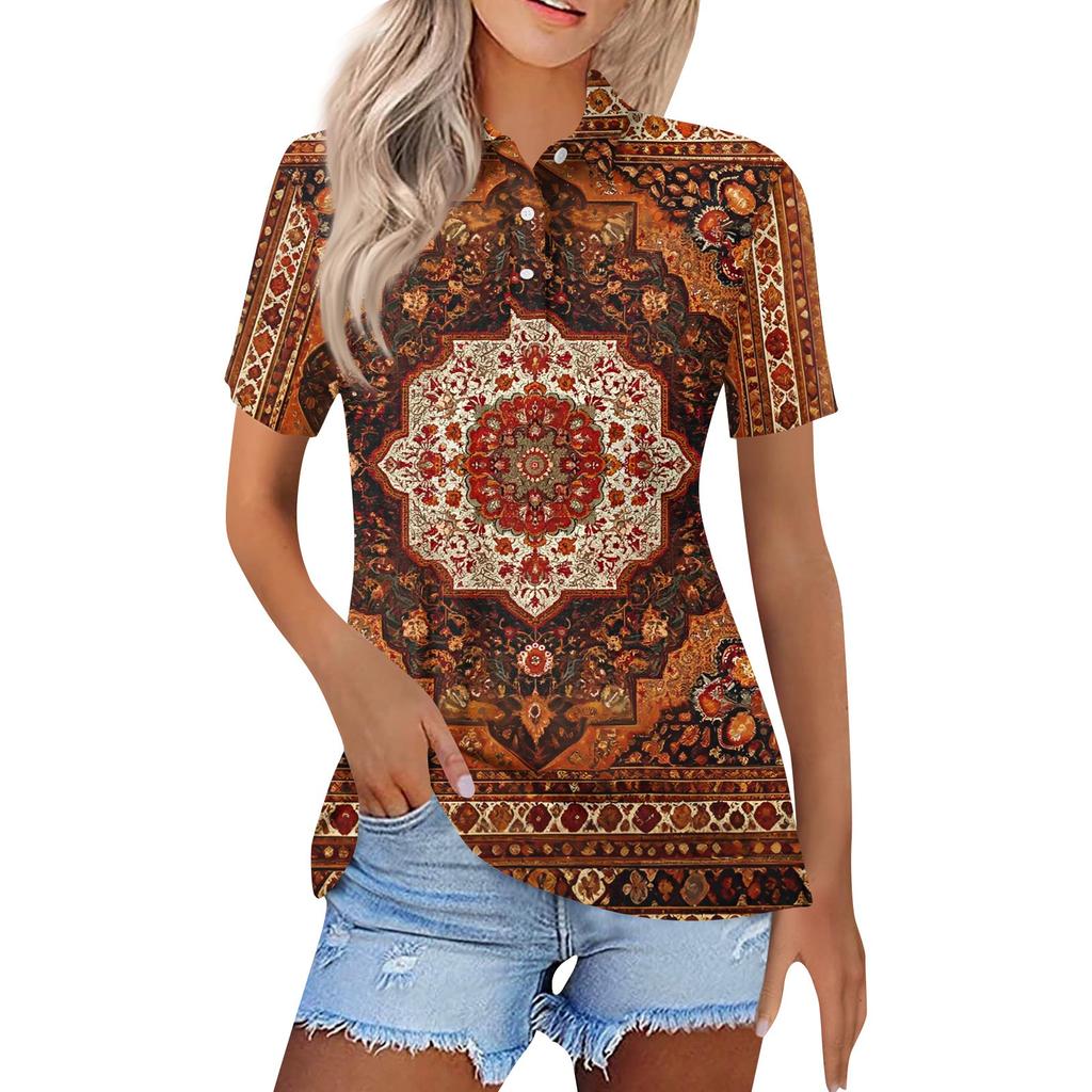 Women's Fashion Casual Lapel Short Sleeve Print Shirt Women's Button Up Tops