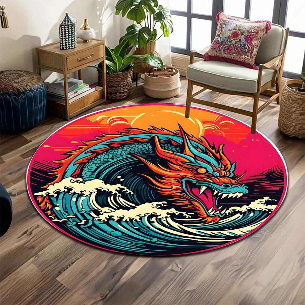Fiery Dragon Rising from Waves Print round rug, living room, bedroom, playroom carpet, non slip floor mat, gift