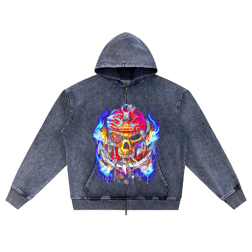 

DTG print Knitted Denim Zip-Up Hoodie calabera pirata Brother Print Zipper Hoodies XL темно-синий