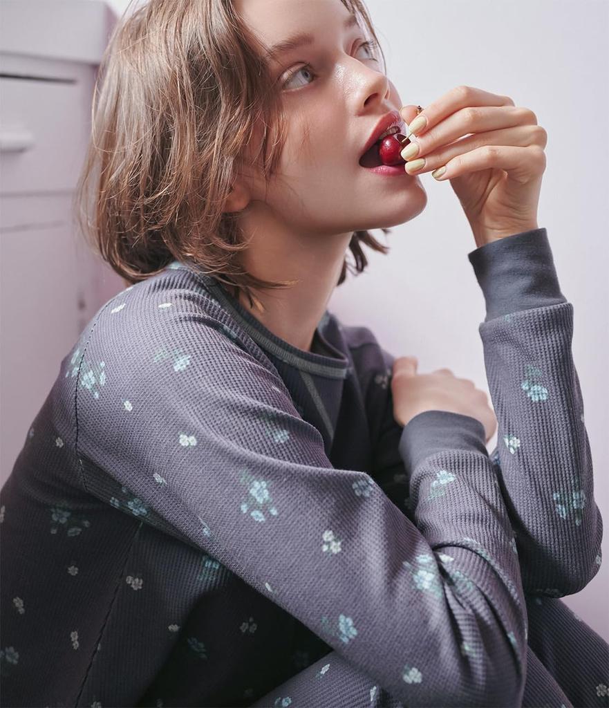 Peach John Thermal HARA Maki Comfortable Cotton Loungewear with Belly Comfortable for Fall and Floral Sizes Women's Pajamas, Wrap, Winter, Navy, M/L