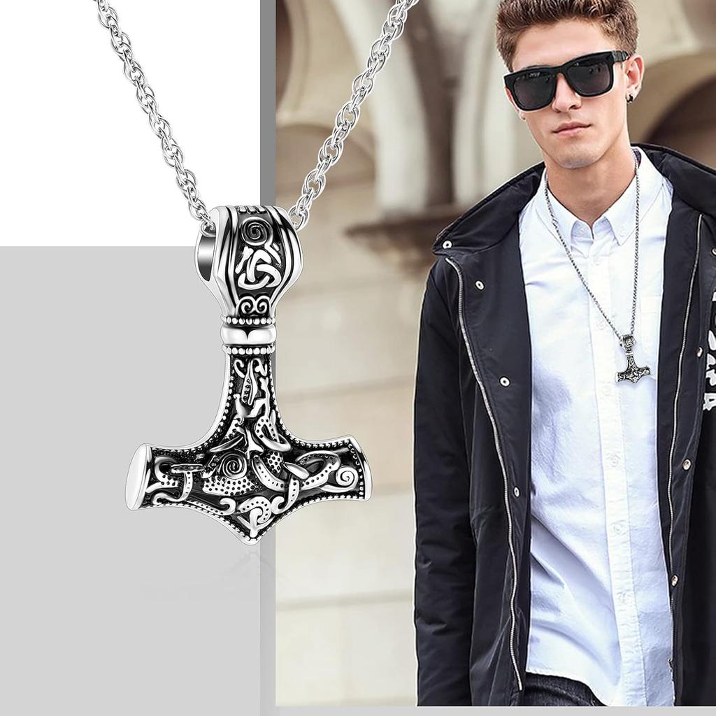 shajwo Mjolnir Thors Hammer Urn Necklace for Ashes for Men Celtic Nordic Viking Cremation Jewelry for Women Keepsake Memorial Ashes Pendant