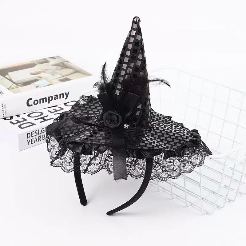 Halloween Decoration Witch HatGothic Role Play Costume Accessories with Feathers and BowLace Brim Party Party SuppliesDecoration