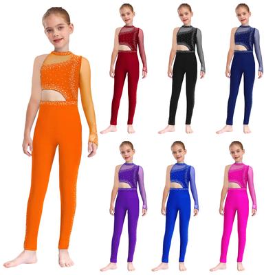 Mono de Gimnasia para Niñas Patchwork de Malla Transparente Recorte Diseño Asimétrico Cuello Mock Pedrería Brillante Maillot de Cuerpo Entero