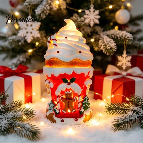 Illuminated Miniature Village House Lighted Ice Cream Christmas Figurine, Candy Gingerbread Decor with LED Whimsical Cabin Ornament Light, Warm Light