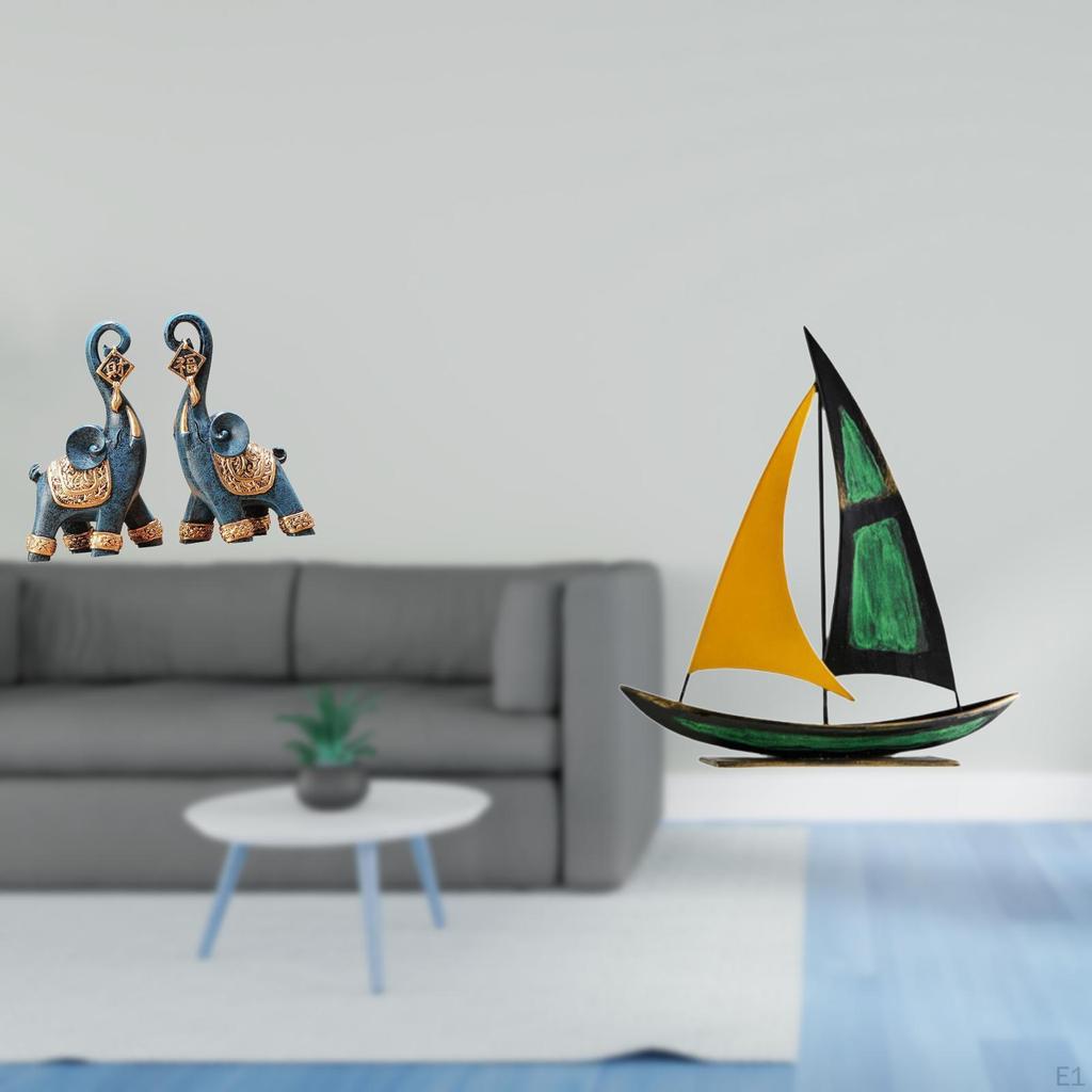 Modern Resin Elephant And Iron Sailboat Sculpture Figurine Ornament Art Craft Collectible for