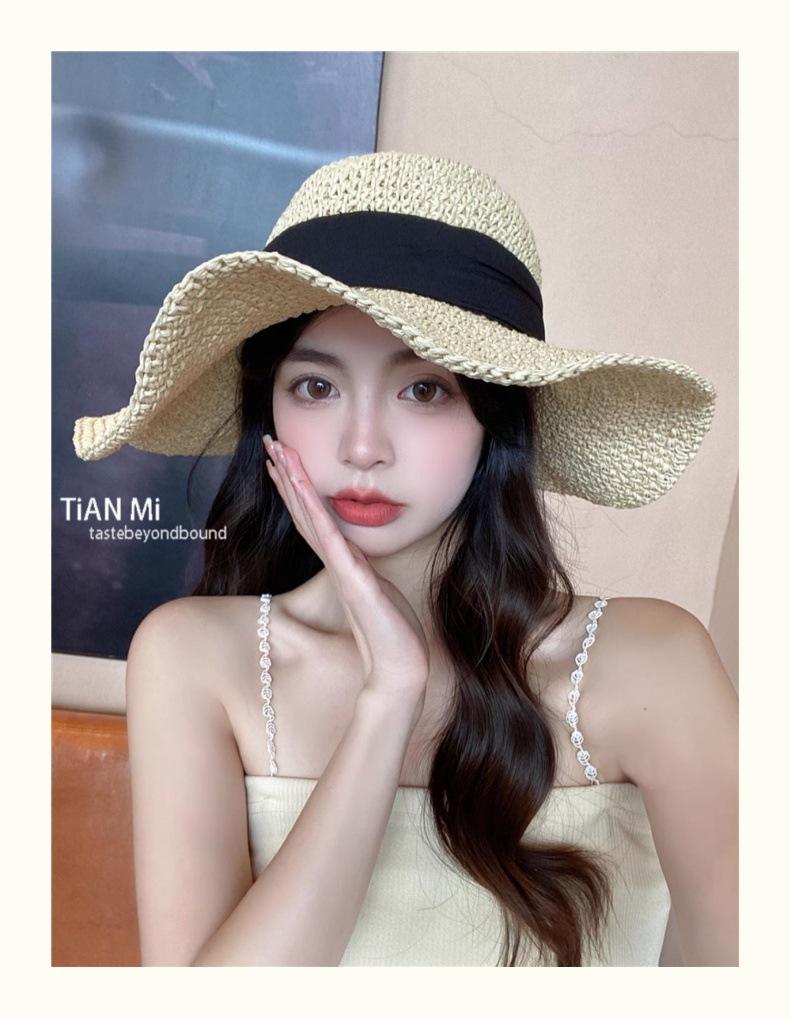 Straw Hat Female Korean Spring and Summer Seaside Beach Vacation Eaves Foldable Sun Protection Bucket Hat Bow