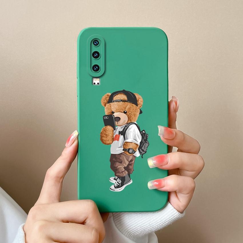 Phone Case For Huawei P30 Y5 P40 Y6 Y9 Y9A Y7 P60 Lens Protection Cute Doll Bear Pattern Liquid Silicone Soft Cover For Huawei Dustproof Bumper Casing