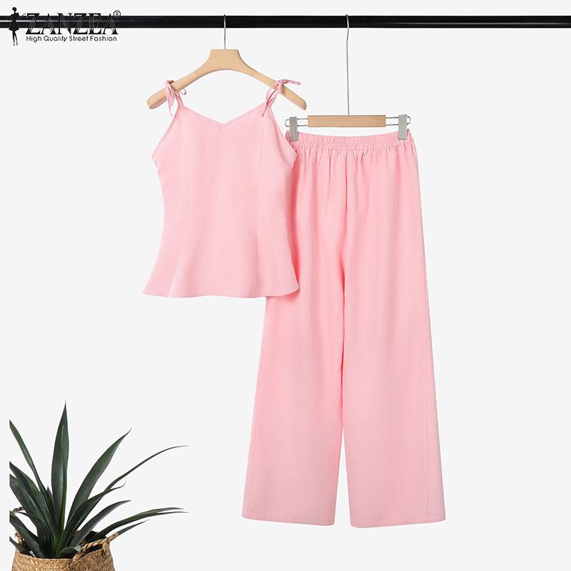 ZANZEA Women Sleeveless Straps Tops and Pants Summer Two Piece Suit Sets