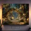 2D Fantasy Garden Tapestry Enchanted Forest with Stone Path & Glowing Lights Wall Art