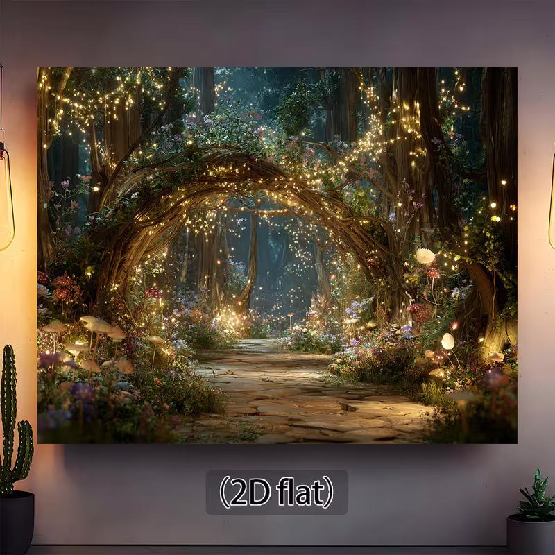 2D Fantasy Garden Tapestry Enchanted Forest with Stone Path & Glowing Lights Wall Art