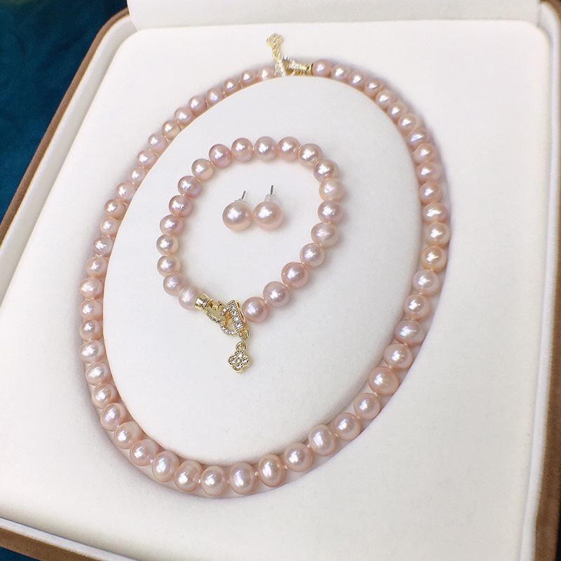 Natural Freshwater Pearl Necklace Set for Women - Elegant Korean Three-Piece Set