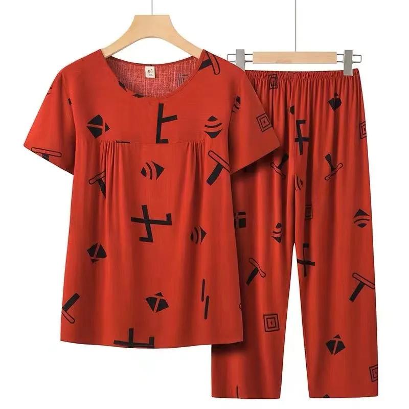 Conjunto Casual de Verão Plus Size Feminino para Idosos, Gola Redonda, Pulôver Solto + Calça de Sete Pontos, Seção Fina, Conjunto de Duas Peças