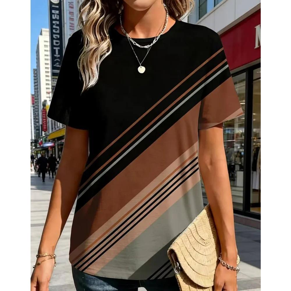 Fashionable Casual Round Neck Short Sleeved T-shirt Soft Comfortable Vintage Loose Colorful Creative Grid Stripes 3d Printed Women's T-shirt