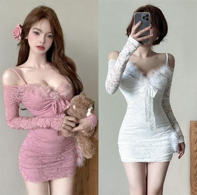 Suspender Shoulder Autumn and Winter New Sexy Fluffy Splicing Solid Color Lace Long Sleeve Hip Wrap Short Dress