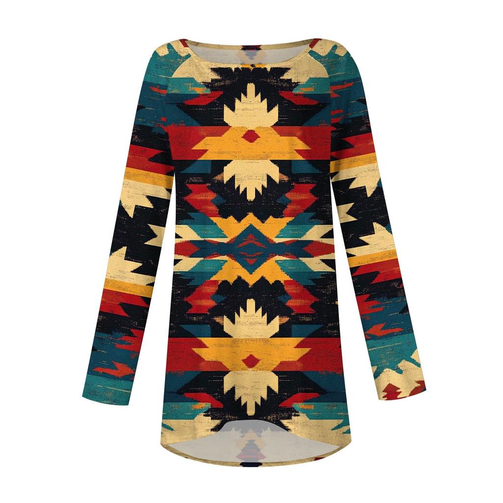 Women's Fashion Casual Long Sleeve  Print Round Neck Pullover Top Blouse