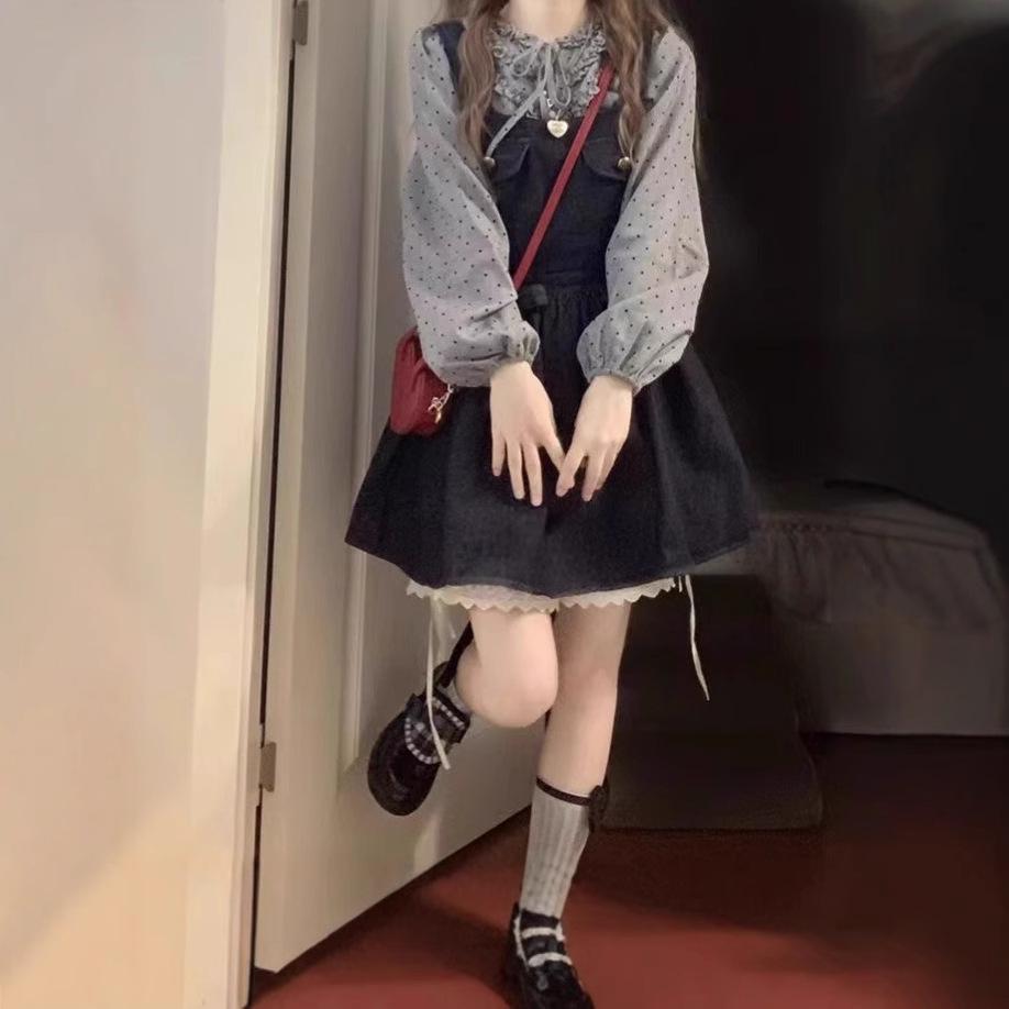 

Французское ретро джинсовое платье-жилет с бантом и рубашка с галстуком в горошек - Коллекция начала осени XL