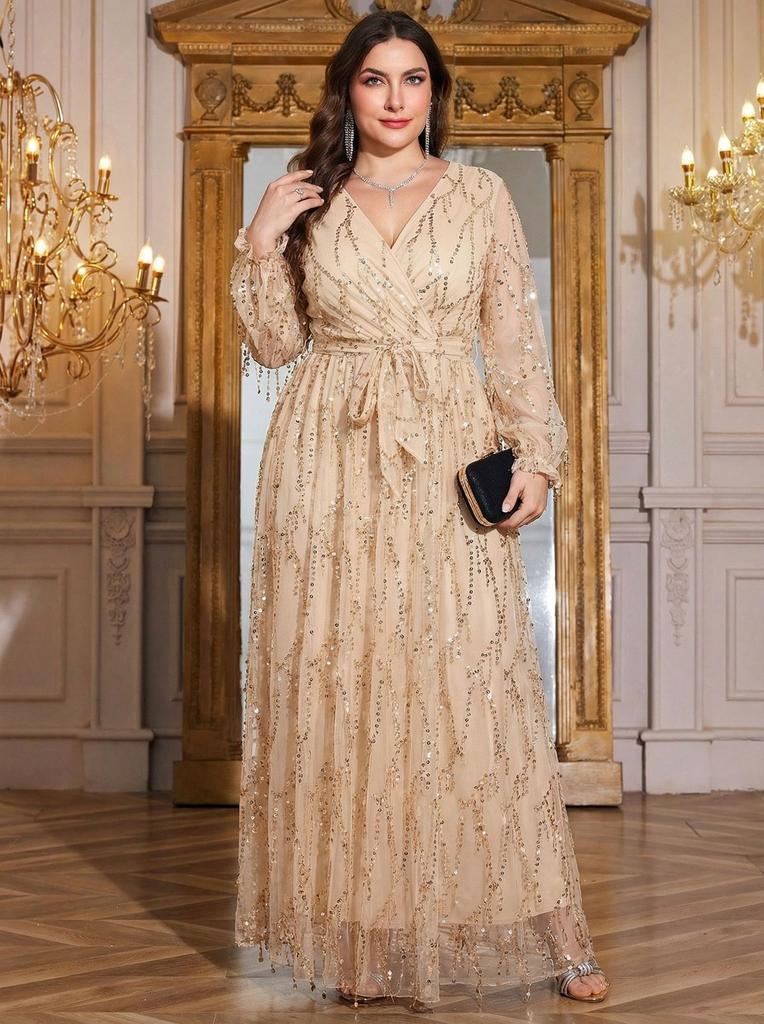 Plus Size Womens Elegant Sequined Bridesmaid Dress V-Neck Long Sleeve Slit Fitted Temperament Wedding Party Dress