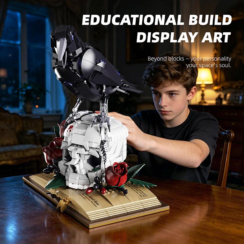1358 Teile Gotischer Krähenschädel Magischer Krähe MOC Bausteine Set Gruselige Raben Zimmerdekoration Schreibtisch-Display Kreative Steine 3D Spielzeug Geschenke