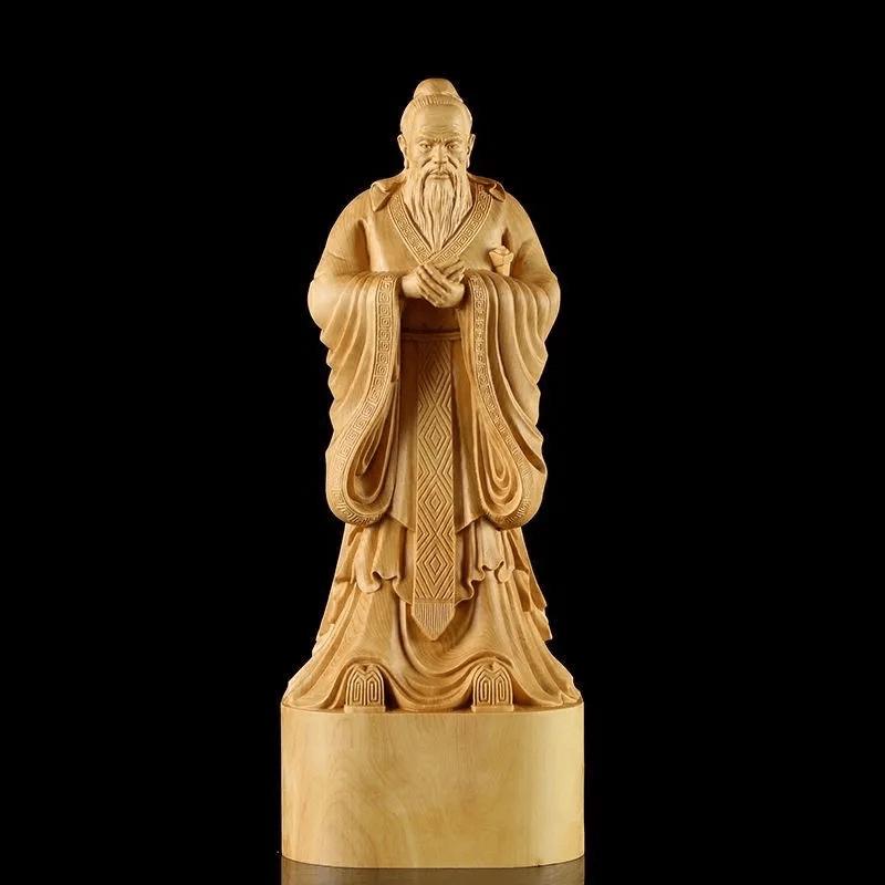 

Hand Carved Wood Carving Figurine Confucius Statue Home Decor Teachers Kong Zi Sculpture Feng Shui Folk Crafts Fondle Antiques H13CM