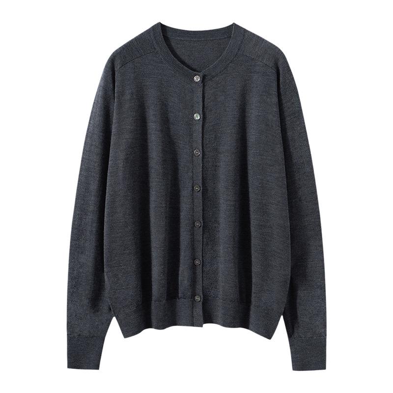 Women's 100% Pure Wool Round Neck Cardigan - Versatile and Casual Knit Sweater Coat