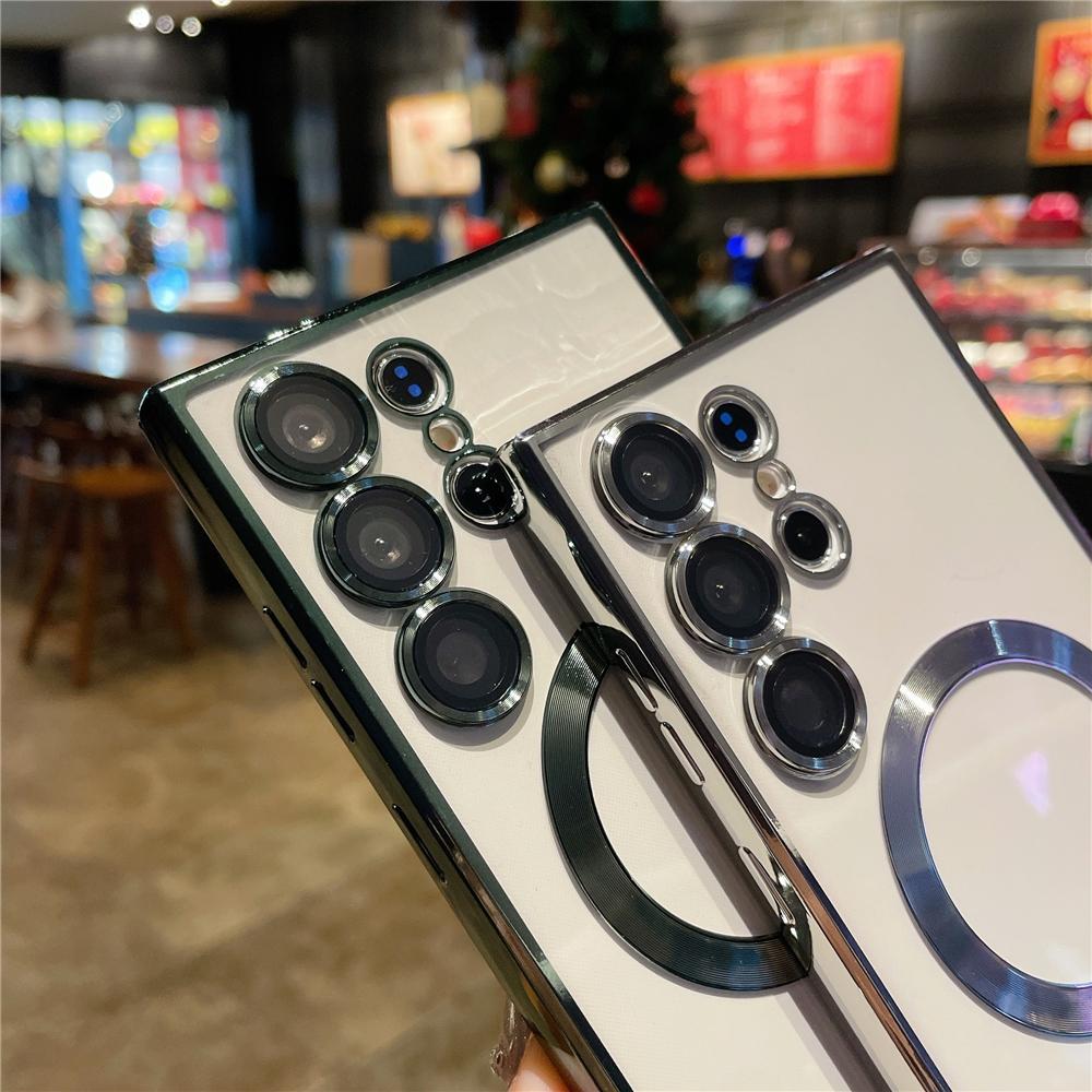 Plating Magnetic Transparent Case For Samsung S25 S24 Ultra S23 Plus S22 S21 FE Note 20 Wireless Charge Lens Protection Cover