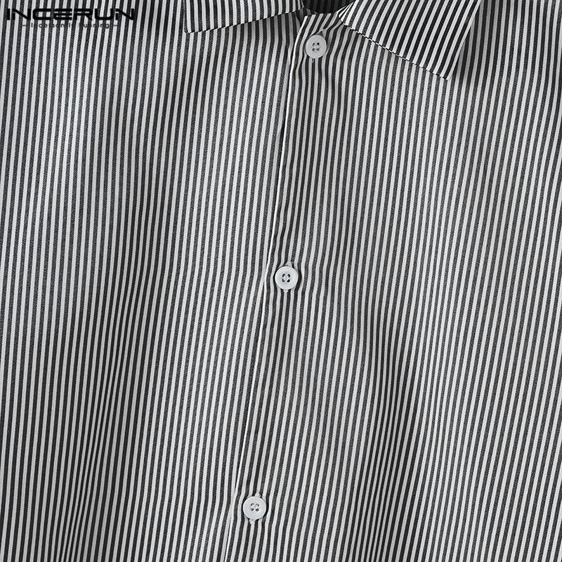 INCERUN Summer Men Lapel Neck Short Sleeve Striped Pockets Casual Oversized Shirts