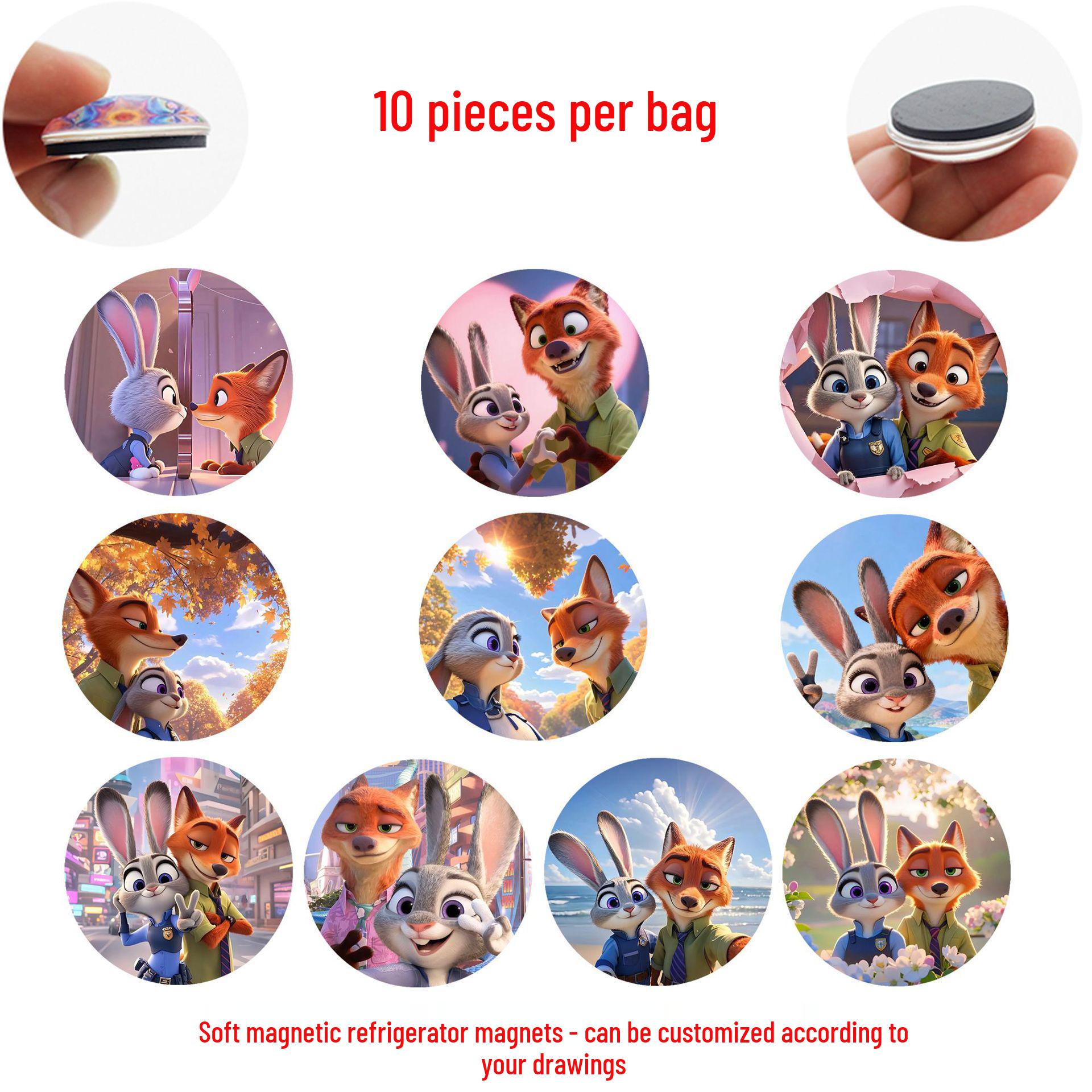 Zootopia 2 Pink Cartoon Romantic Judy & Nick Soft Magnetic Fridge Sticker Set of 10 Refrigerator Magnets 25 mm (FDL172)