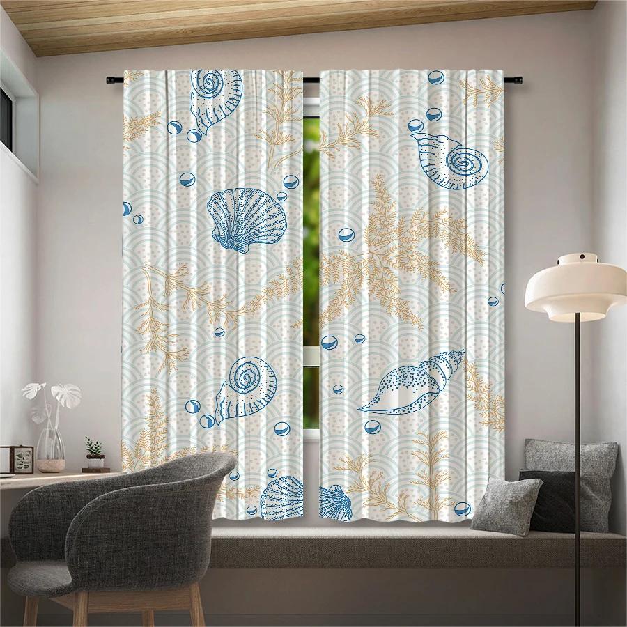 Set Of 2 Shell Conch Printed Curtains Pole Bag Christmas Decorations Home Room Curtain Made Polyester