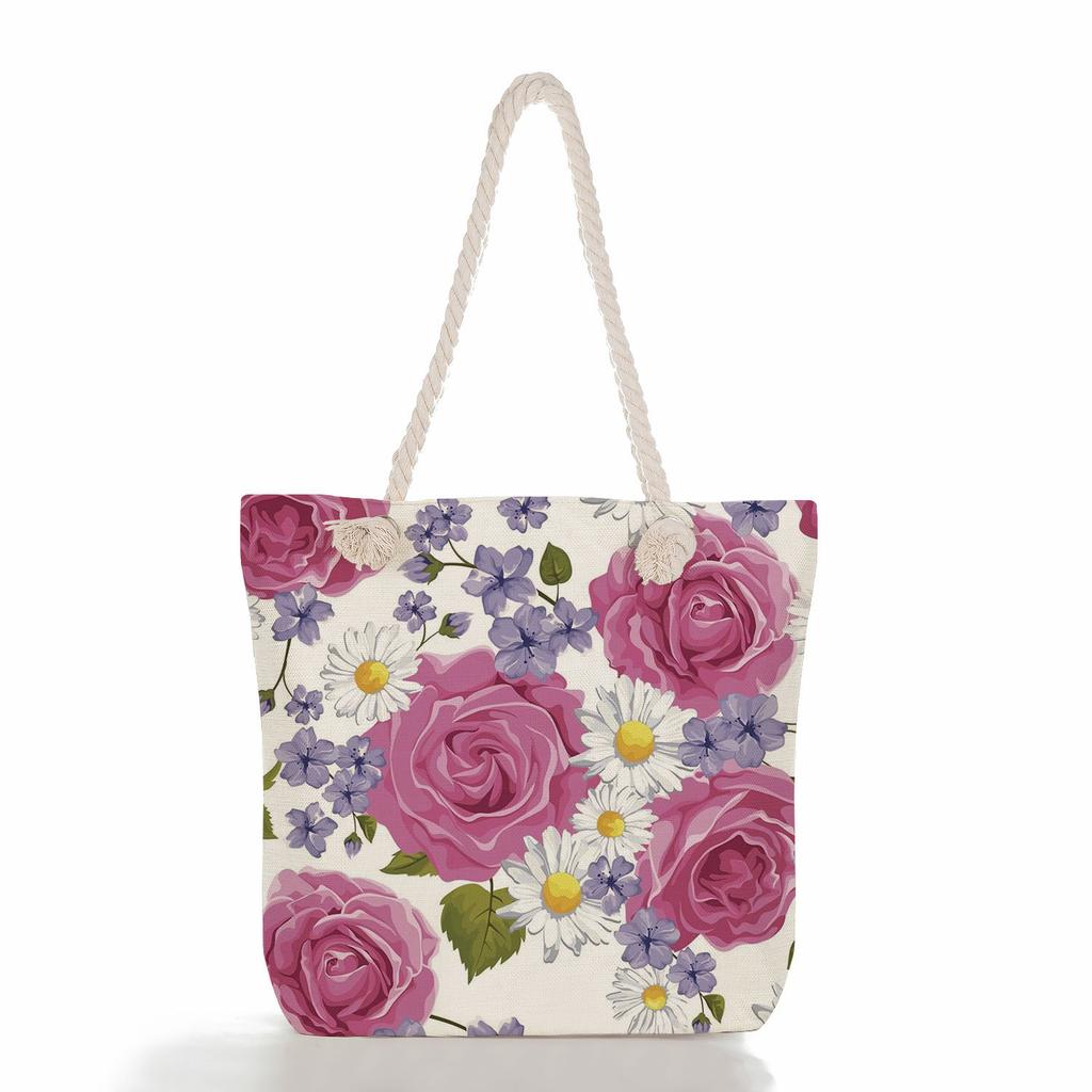 Multifunctional Flower Printed Thick Rope Shoulder Beach Bag 7585