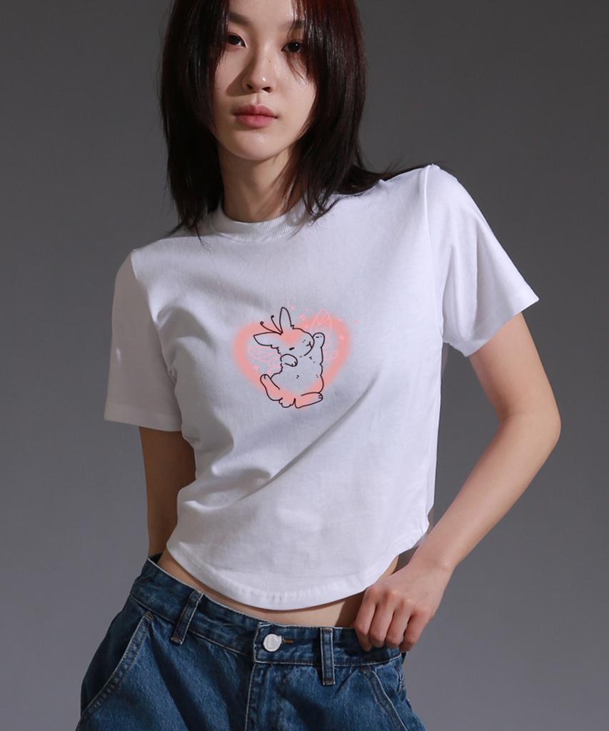 LIKE THE MOST Women'S Angel Rabbit Round Cut Short Sleeve T-Shirt_White
