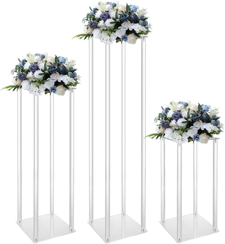 3Pcs High Clear Flower Stand, Rectangular Acrylic Flower Column, Removable Geometric Flower Shelves for Birthday Parties