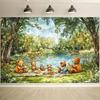 1 piece of Teddy bear picnic backdrop - Scenery of forest lake and canoe scene with green plants and flowerszyc