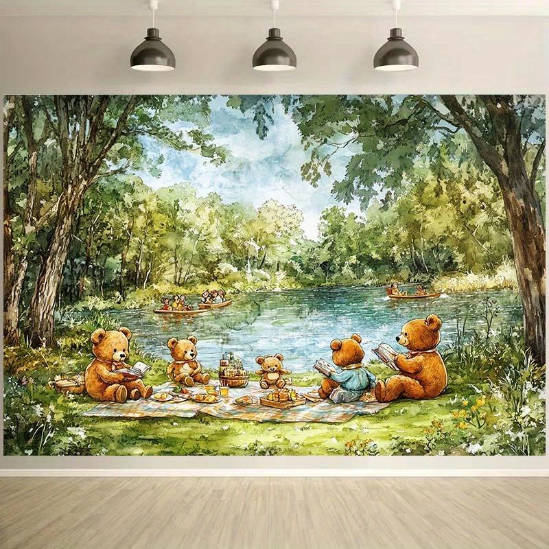 1 piece of Teddy bear picnic backdrop - Scenery of forest lake and canoe scene with green plants and flowerszyc