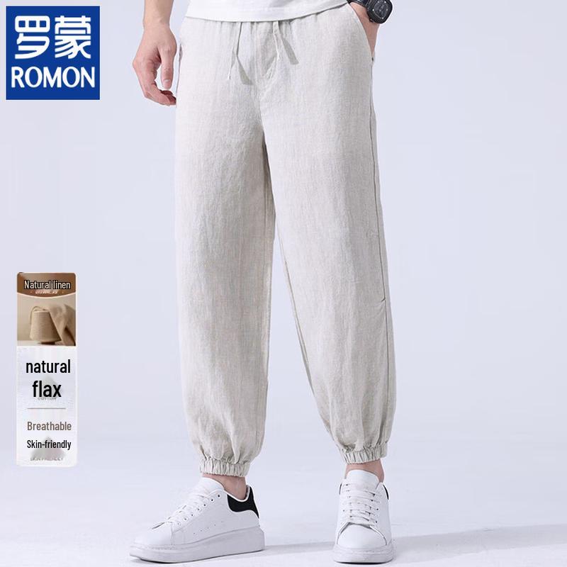 ROMON Men s 100% Linen Casual Drawstring Jogger Pants L