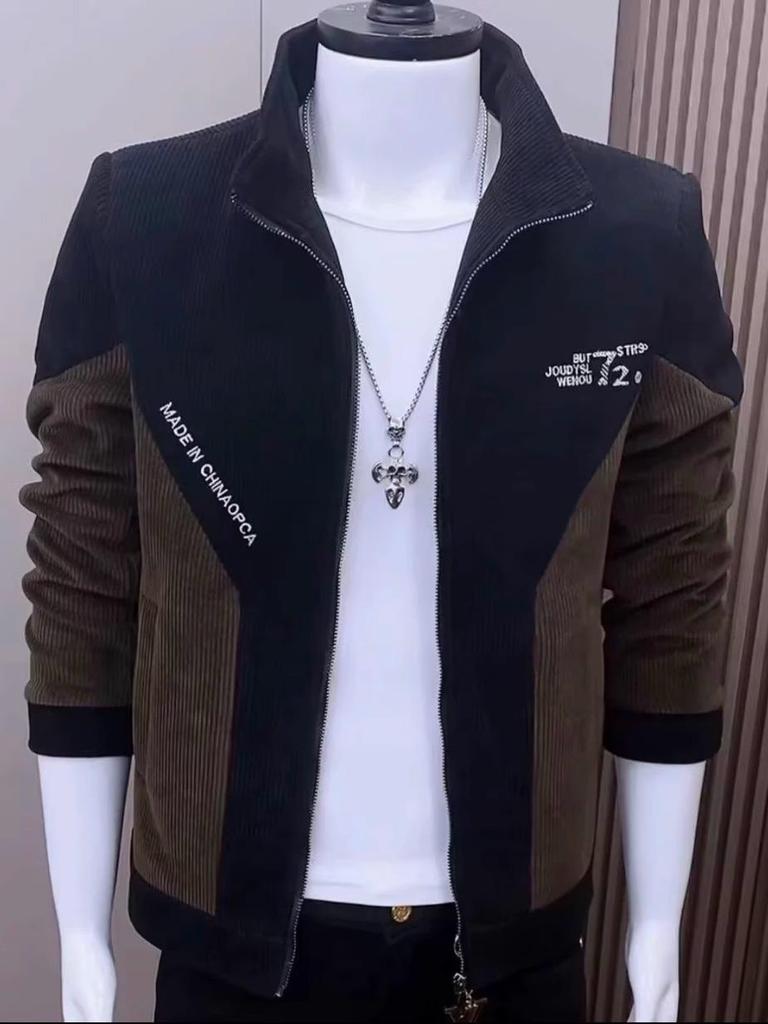 Men's Trendy Patchwork Corduroy Jacket with Stand-Up Collar - Slim Fit Spring/Autumn 2025 Edition