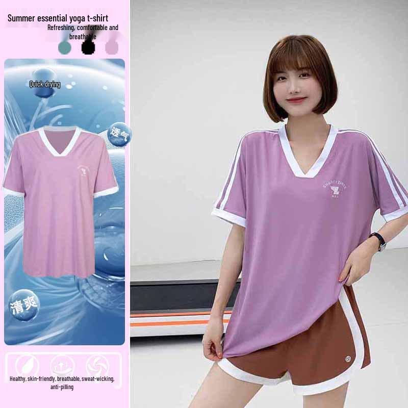 

Quick-Dry V-Neck Yoga & Gym Top - Casual Hip-Length Short-Sleeve Double Extra Large